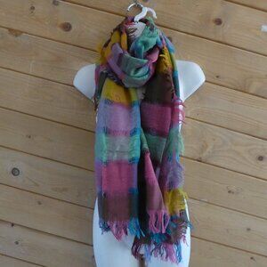 Coldwater Creek Multicolor Earth Color Checks Fringes Scarf Wrap Wool Blend